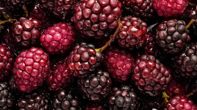 Fresh Boysenberry Seamless Background with Glistening Droplets - Hasselblad Shot, Pro Color Grading, Soft Shadows, and High-End Retouching. Generative AI.