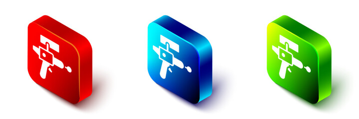 Isometric Ray gun icon isolated on white background. Laser weapon. Space blaster. Red, blue and green square button. Vector