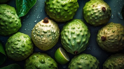 Fresh Cherimoya Seamless Background with Glistening Droplets - Hasselblad Shot, Pro Color Grading, Soft Shadows, and High-End Retouching. Generative AI.