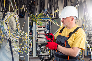Electrician at work. Man among tangled wires. Unstructured electrical networks. Electrician is...