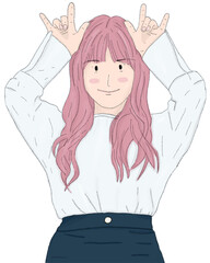 Cute Pink Hair girl making I love you sign colored cartoon style organic hand drawn illustration
