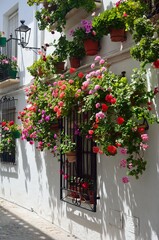 Fototapeta na wymiar Calles estrechas con flores en el Barrio de la Villa, Priego de Cordoba