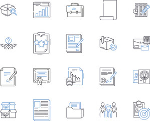 Document processing outline icons collection. Documentation, Processing, Editing, Scanning, Creating, Sharing, Formatting vector and illustration concept set. Organizing, Retrieving, Converting linear