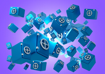 Naklejka premium Safeboxes in zero gravity. Background from reliable safes. Vaults for money and jewelry. Background for bank deposit advertising. Flying safeboxes on purple. Boxes for accumulation of money. 3d image