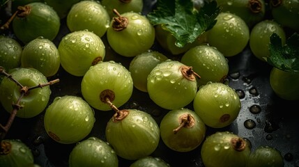 Fresh Gooseberry Seamless Background with Glistening Droplets - Hasselblad Shot, Pro Color Grading, Soft Shadows, and High-End Retouching. Generative AI.