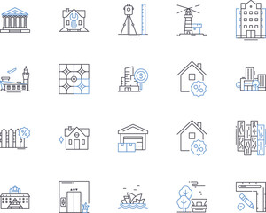 Houses and construction outline icons collection. Housing, Construction, Building, Dwelling, Architectural, Home, Real-Estate vector and illustration concept set. Residential, Estate, Developer linear