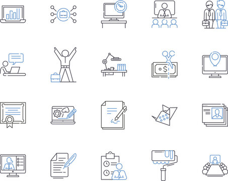 Working meeting outline icons collection. Meeting, Working, Business, Conference, Plan, Discuss, Task vector and illustration concept set. Discussing, Team, Strategy linear signs