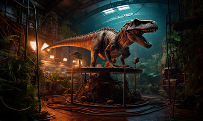 Dinosaur displayed at a underground museum. Generative AI