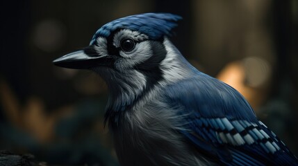 Blue Jay bird closeup with forest background. Generative AI