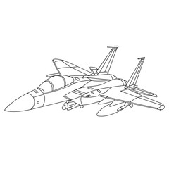 F-15 Eagle Aircraft Outline Illustration. McDonnell Douglas F-15 Eagle Coloring Book For Children And Adults. Cartoon Airplane Isolated on White Background. Fighter Jet Drawing Line Art Vector Illustr