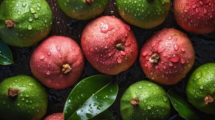 Fresh Guava Seamless Background with Glistening Droplets - Hasselblad Shot, Pro Color Grading, Soft Shadows, and High-End Retouching. Generative AI.