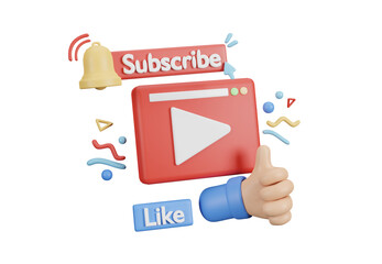 Video smartphone, subscribe and bell and like icon. Social media and marketing concept. minimal online promotion design. 3d rendering