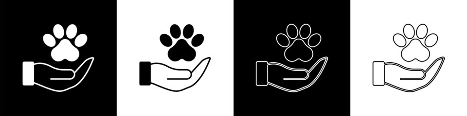 Set Hands with animals footprint icon isolated on black and white background. Pet paw in heart. Love to the animals. Vector