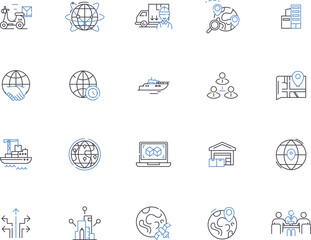 Distribution outline icons collection. Distribution, Spread, Allocation, Dissemination, Circulation, Partition, Shipment vector and illustration concept set. Delivery, Dispersal, Sharing linear signs