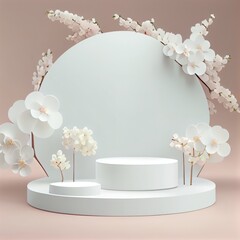 A front view of white mockup podium 3D display decorated pedestal with flower platform. Generative ai