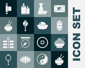 Set Rice in a bowl with chopstick, Asian noodles, Chinese paper lantern, tea ceremony, Yin Yang, Decree, paper, parchment, scroll and Sushi icon. Vector