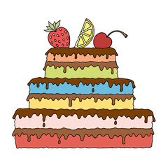 A cake with layers, covered with chocolate, strawberries, cherries and a piece of lemon. Freehand drawing. Doodle. Hand Drawn. Outline. Coloring page.	
