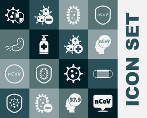 Set Corona virus 2019-nCoV on location, Medical protective mask, Virus, Bottle of liquid antibacterial soap, Shield protecting from and Positive icon. Vector