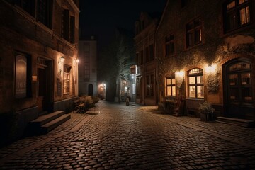Fototapeta na wymiar A cobbled street in the old-town of a city in Europe by night - generative ai