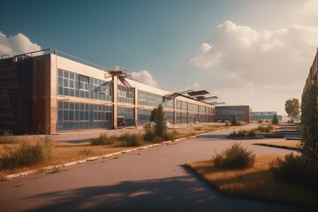 Industrial hangars. Manufacturer construction with sunny sky. Hangars of industrial buildings. Industrial area with similar hangars. Simple buildings on factory grounds. 3d rendering. Generative AI