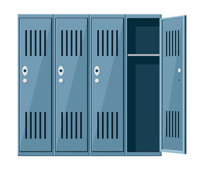 Metal cabinets locker or school changing room steel cupboard. Isolated grey storage boxe with open and closed doors, locks and shelve and vents
