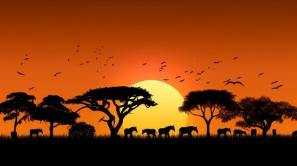 Fototapeta na wymiar Silhouettes of african animals and acacia against an orange sunset. Generative AI