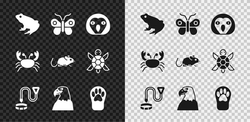 Set Frog, Butterfly, Owl bird, Collar with name tag, Eagle head, Paw print, Crab and Rat icon. Vector