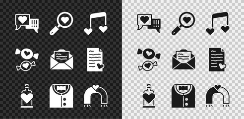 Set Heart in speech bubble, Search heart and love, Music note, tone with hearts, Bottle potion, Suit, Love magnet, Candy and Greeting card icon. Vector