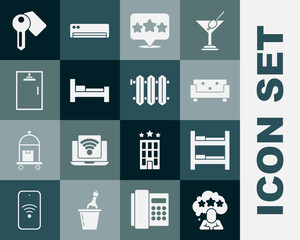 Set Five stars rating review, Hotel room bed, Sofa, Shower cabin, door lock key and Heating radiator icon. Vector