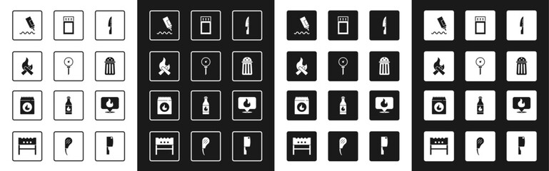 Set Barbecue knife, Kitchen thermometer, Campfire, Sauce bottle, Salt, Matchbox and matches, Location with flame and coal bag icon. Vector