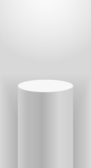 Museum podium stage. Gallery geometric blank product stand. Round mockup cylinder column, empty platform with light