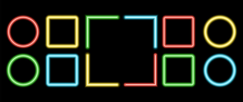 Neon glowing frames. Illuminated geometric shapes. Sign in shape of squares and circles, template design elements. Bright multicolored rectangulars with blank emptyspace inside