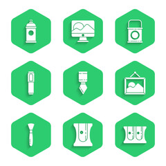 Set Palette knife, Pencil sharpener, Picture landscape, Paint brush, Marker, bucket and spray can icon. Vector