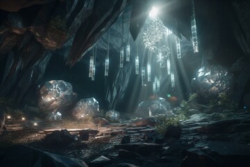 Fototapeta na wymiar A mysterious cave system filled with glowing crystals. Superb anime-styled and DnD environment. Generative AI