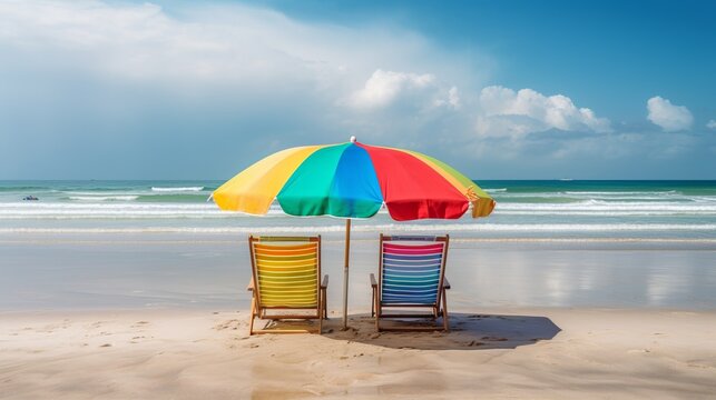 Two chairs on the beach on the beach with a colorful umbrella during sunny day. Generative AI