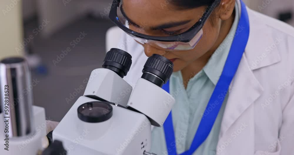 Poster Medical science, woman and a microscope in a laboratory for analysis or healthcare research. Female scientist in a lab for development, study and working on future innovation with sample for test