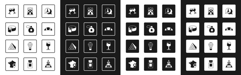 Set Eiffel tower, Perfume, Cheese, Wine glass, Croissant, Windmill, and Louvre pyramid icon. Vector