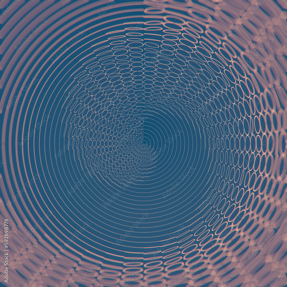 Poster Spiral diverging wave of chaotically rotated planar circles on blue background. 3d rendering digital illustration
