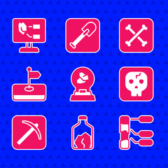 Set Exhibition with minerals, rocks, Ore mining, Soil analysis, Archeology, Pickaxe, Flag, and icon. Vector