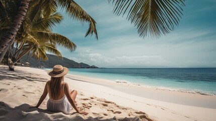 Fototapeta na wymiar Woman relaxing on tropical beach against paradise ocean. Summer seascape with palm leaves. Generative AI