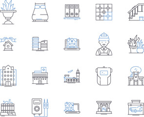 Apartment construction outline icons collection. Building, Apartment, Constructing, Engineering, Architecture, Designing, Contractors vector and illustration concept set. Steel, Concrete, Masonry