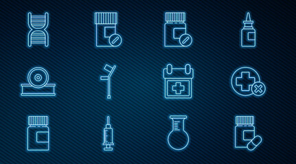 Set line Medicine bottle and pills, Cross hospital medical, Crutch or crutches, Otolaryngological head reflector, DNA symbol, Doctor appointment and icon. Vector