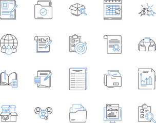 Office documentation outline icons collection. Office, Documentation, Files, Paperwork, Records, Manuals, Guidelines vector and illustration concept set. Forms, Reports, Books linear signs