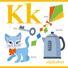 Alphabet letter K with cartoon vocabulary illustration: kite, kitty, key, kettle. Cute children ABC alphabet flash card with letter K for kids learning English vocabulary.