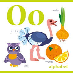 Alphabet letter O with cartoon vocabulary illustration: ostrich, owl, orange, onion. Cute children ABC alphabet flash card with letter O for kids learning English vocabulary.
