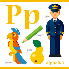 Alphabet letter P with cartoon vocabulary illustration: pilot, pencil, parrot, pear. Cute children ABC alphabet flash card with letter P for kids learning English vocabulary.