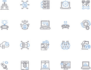 Automation outline icons collection. Robotic, Process, Machine, Automated, Control, Technology, AI vector and illustration concept set. System, Integration, Networking linear signs