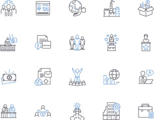 Global business outline icons collection. International, Commerce, Management, Economy, Intercontinental, Investment, Transnational vector and illustration concept set. Trade, Strategies, Cross-border