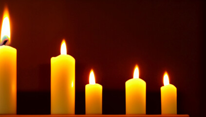 Five yellow candles of different sizes on a dark background. Burning candles stand in a row on the table. Home interior. International Candlelight Day. Generated AI.