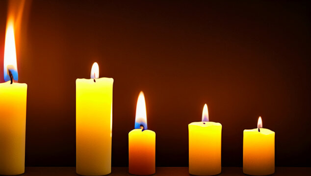 Five yellow candles of different heights on a dark background. Burning candles stand in a row on the table. Home interior. International Candlelight Day. Generated AI.